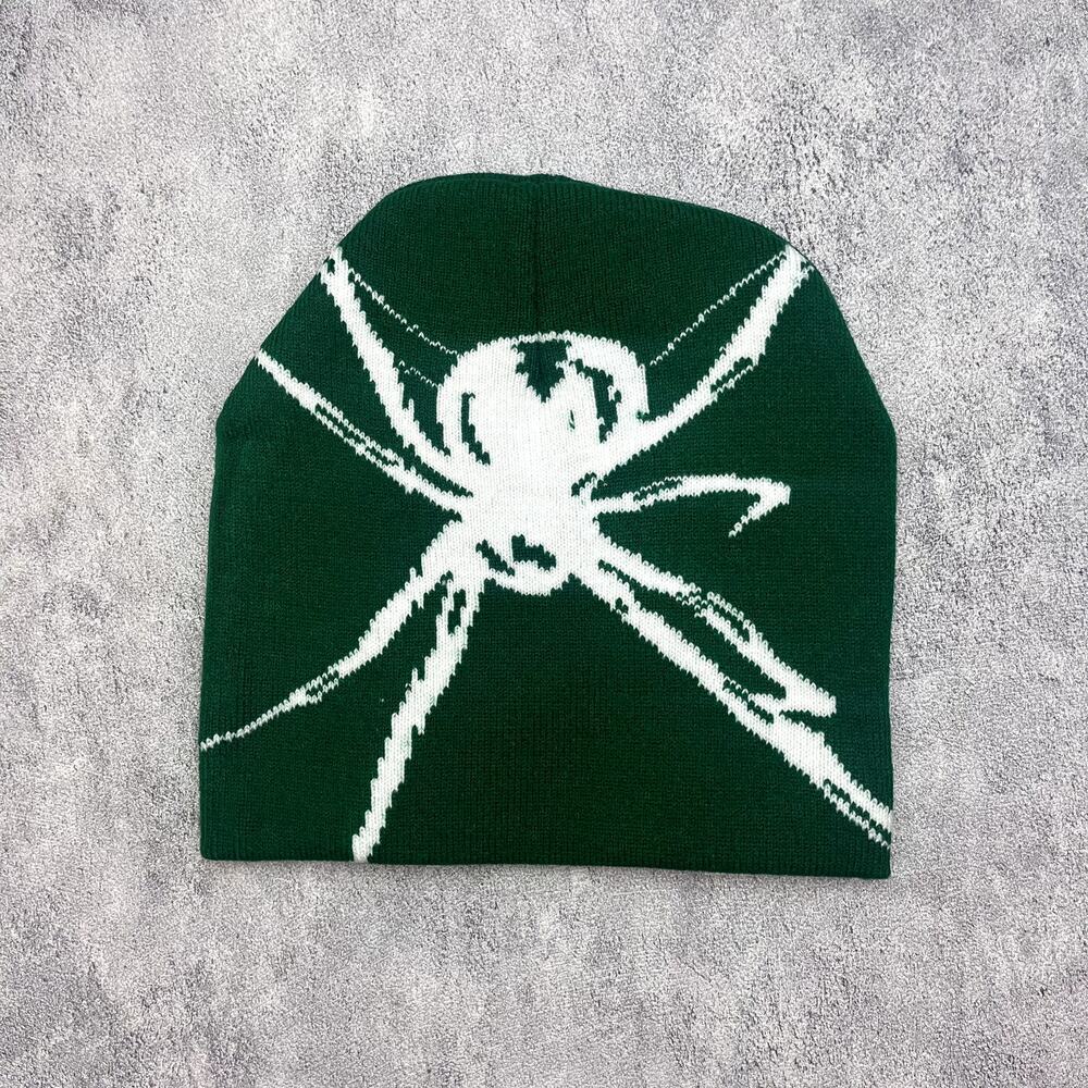 2000s grunge gothic punk dark green and white spider beanie
